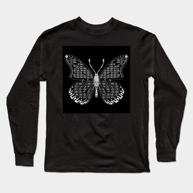 black mandala in zen butterfly ecopop pattern Long Sleeve T-Shirt by jorge_lebeau